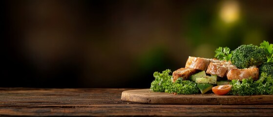 Wall Mural -  A wooden cutting board holds a pile of broccoli and a separate piece of meat nearby