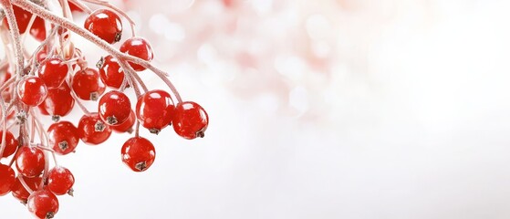 Wall Mural -  A tight shot of red berries clustered on a branch, adorned with water beads on their surface