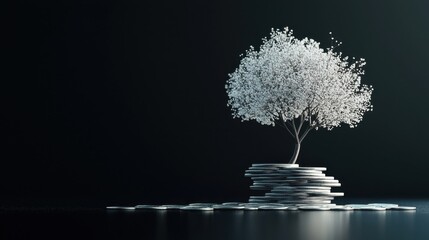 A stack of coins slowly transforming into a blooming tree, representing the long-term benefits outweighing the initial costs