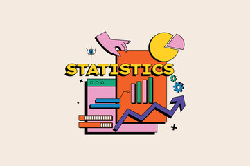 Poster - Statistical analysis concept in the flat cartoon style. Modern graphic illustration highlighting the concept of statistics, which includes various charts, graphs and up arrows. Vector illustration.