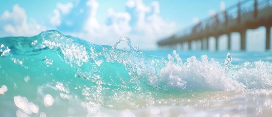  A tight shot of a wave crashing in the foreground, ocean backdrop featuring a pier and a distant bridge