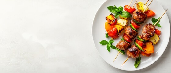 Wall Mural -  A white plate topped with meat and vegetables on skewers, skewers held in place by toothpicks