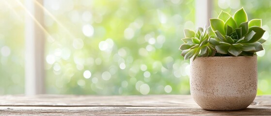 Wall Mural -  A potted plant sits before a window, bathed in sunlight filtering through transparent panes