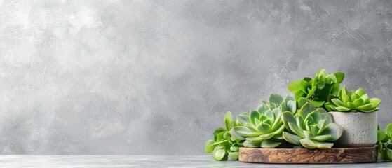 Poster -  A potted plant atop a wooden cutting board on a table, adjacent to a gray wall