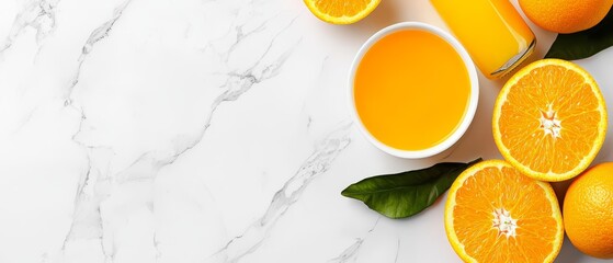 Canvas Print -  A table bearing sliced oranges, nearby are cups filled with fresh orange juice, and a garnish of leafy greens