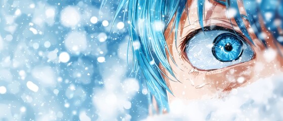 Wall Mural -  A tight shot of a person with blue hair and large blue eyes amidst falling snow, surrounded by snowflakes in the background