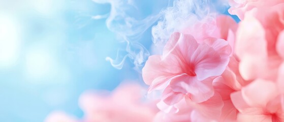 Canvas Print -  A pink flower, tightly framed against a blue backdrop, exudes smoke from its peak