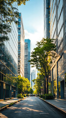 Wall Mural - A serene urban scene featuring modern street lined with trees and high rise buildings