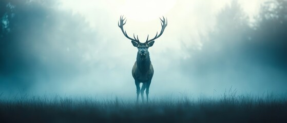 Wall Mural -  Deer in foggy forest, sun illuminates tree backs