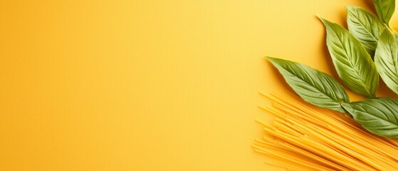 Wall Mural -  Close-up of vibrant pasta with basil leaves against a sunny yellow backdrop Insert text here