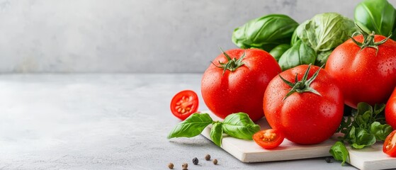 Poster -  A group of tomatoes atop a cutting board, adjacent to a mound of green leaves and tomatoes