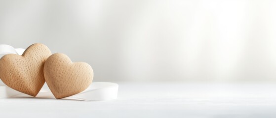  A pair of wooden hearts atop a white table Nearby, a white vase holds two eggs