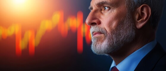 Wall Mural -  A tight shot of someone dressed in a suit and tie against a backdrop of horizontal red and yellow bars