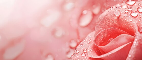 Poster -  A tight shot of a rosy pink bloom, adorned with dewdrops, against a softly blurred backdrop of water specks on petals