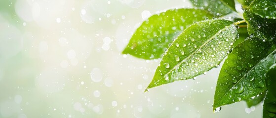 Poster -  A tight shot of a verdant leaf, speckled with dewdrops, against a softly blurred backdrop of neighboring foliage