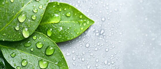 Wall Mural -  Close-up of a green leaf with dewdrops and gray backdrop, framed by a white border