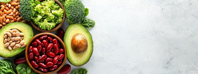 Poster -  A circular arrangement of fruits and vegetables on a white surface against a gray background