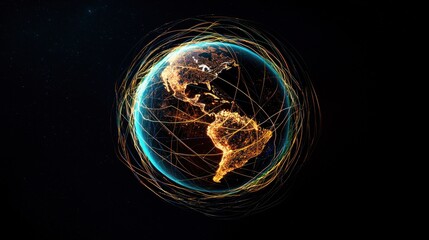 Poster - A vibrant abstract earth with interconnected lines leading to various industries, global corporate responsibility to protect the environment