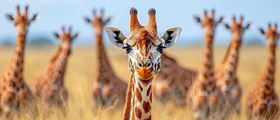 Wall Mural -  A herd of giraffes stands next to one another on a dry grassy plain, before a blue sky