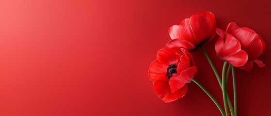 Poster -  Three red tulips against a solid red backdrop, featuring a central black mark