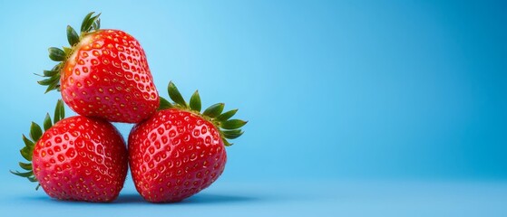 Poster -  Three strawberries stacked on a blue and white surface against a blue backdrop