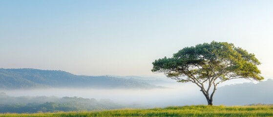 Wall Mural -  A solitary tree stands in a grassy field, surrounded by mountains in the distance Fog blankets the landscape during morning hours