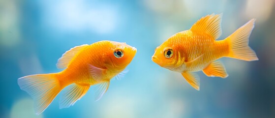  A tight shot of two goldfish facing one another within an aquarium against a backdrop of a blue sky