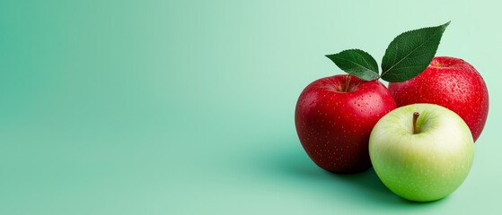  A green apple and a red apple sit against a blue backdrop, their colors contrasting vividly; a single green leaf floats above them