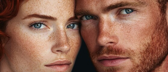 Wall Mural -  A tight shot of a man and a woman, both sporting freckled faces, gazing into the camera