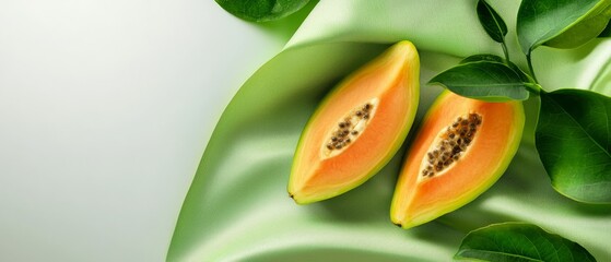 Wall Mural -  Two sliced papayas atop a verdant cloth, accompanied by a few green leaves nearby