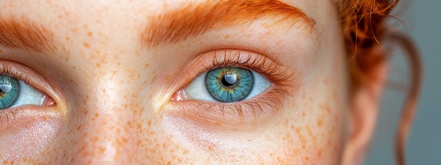 Wall Mural -  A tight shot of a woman's freckled face with blue eyes and hair dotted in freckles