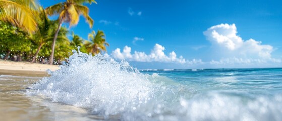 Poster -  A beach scene with palm trees and water splashing in foreground, behind are clouds in a blue sky