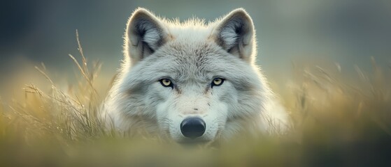 Wall Mural -  A tight shot of a wolf's face with grass in the foreground and a blue backdrop of sky