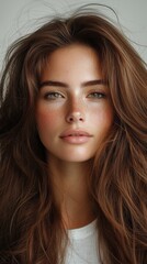 Wall Mural -  A close-up of a woman with long brown hair and visible freckles