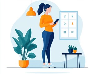 Poster - A woman stands in her living room with workout clothes on, looking at a fitness app on her phone to set her goals