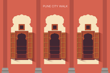 Traditional Wada Windows - Pune City Walk - Stock Illustration