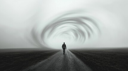 Wall Mural - action conquers fear: a person walking through a fog of swirling shadows and fears, but as they walk