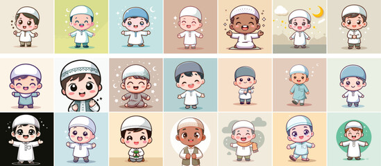 Wall Mural -  vector set of Muslim kid being cheerful