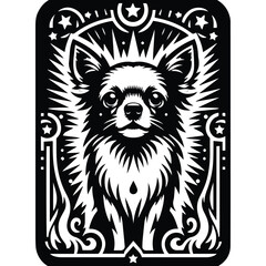 chihuahua dog in Tarot card black and white silhouette illustration