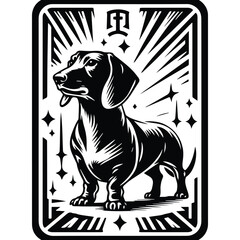 Dachshund dog in Tarot card black and white silhouette illustration