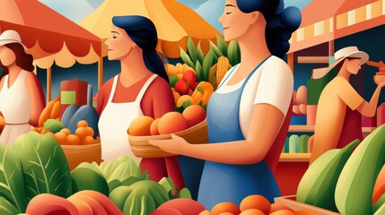 Sticker - A painting of a group of women standing in front of an open market, AI