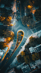 Wall Mural - Aerial view of busy city intersection with winding roads and vibrant trees