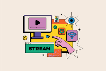 Poster - Online streaming service concept in the flat cartoon style. Illustration showing various streaming and media elements such as monitor play buttons and Wi-Fi signal. Vector illustration.