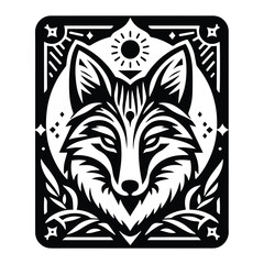 Fox in Tarot card black and white silhouette illustration