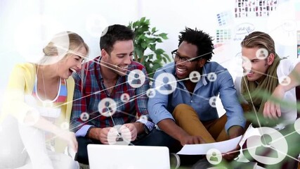 Poster - Animation of network of connections with icons over diverse colleagues discussing work