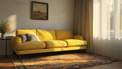 cozy retro living room with yellow sofa and carpet illuminated by morning light streaming through the window