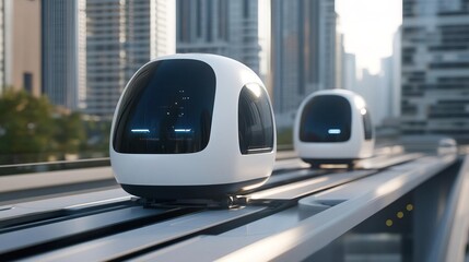 Futuristic automated pods on a track in a city setting.