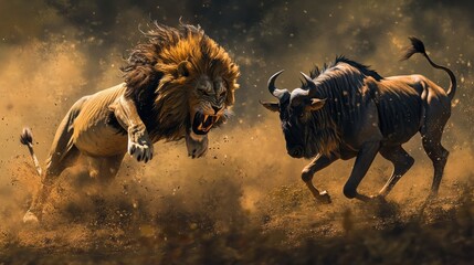 Poster - A Lion Leaping Through the Dust Towards a Wildebeest