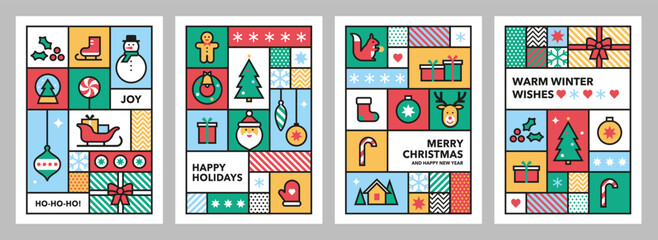 Set of posters with Christmas icons in abstract modern geometric flat style. Memphis design. Winter holidays. Seasons greetings. Vector templates for card and packaging. 