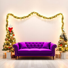 Wall Mural - mockup blank white frame , violet sofa, christmas decor living room, christmas tree, lights, wooden floor